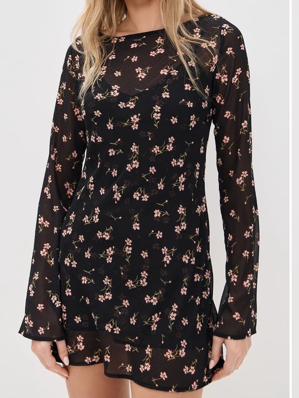 AFRM Black Floral Long-Sleeve Mini Dress with Pink Blossoms